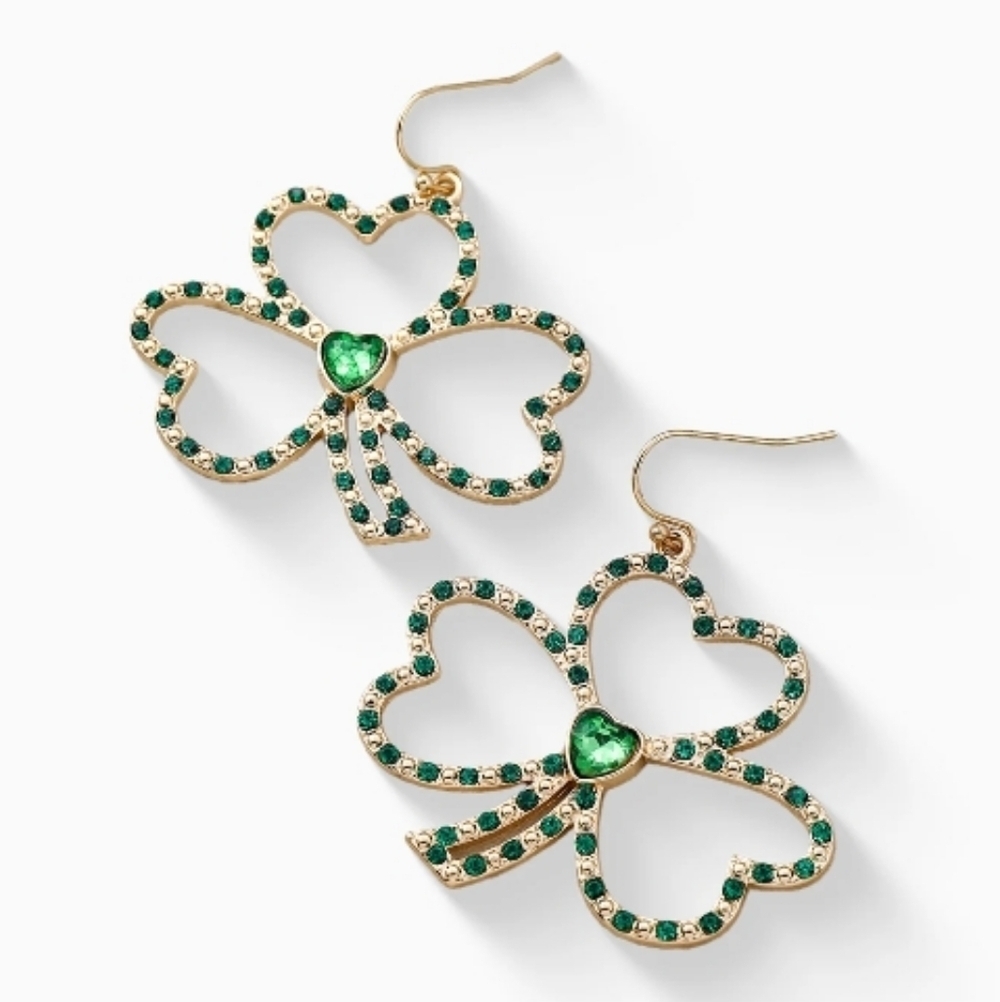 Shamrock Green And Gold Clover Dangle Earrings
